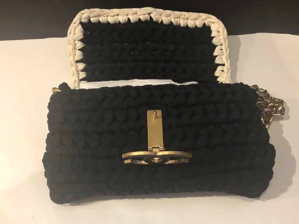 CHANEL Classic Flap Bag Knitted Crochet Black and White CC Logo - Chelsea  Vintage Couture