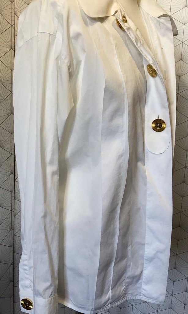 Auth Chanel Button Up White Cotton Poplin Shirt With Brass Beetle Buttons