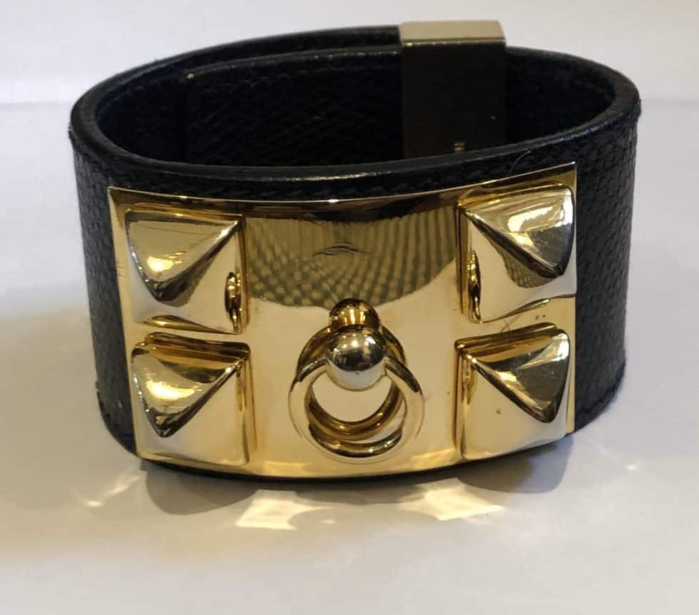 HERMÈS Collier de Chien Black Médor Cuff Bracelet Gold-Tone Epsom ...
