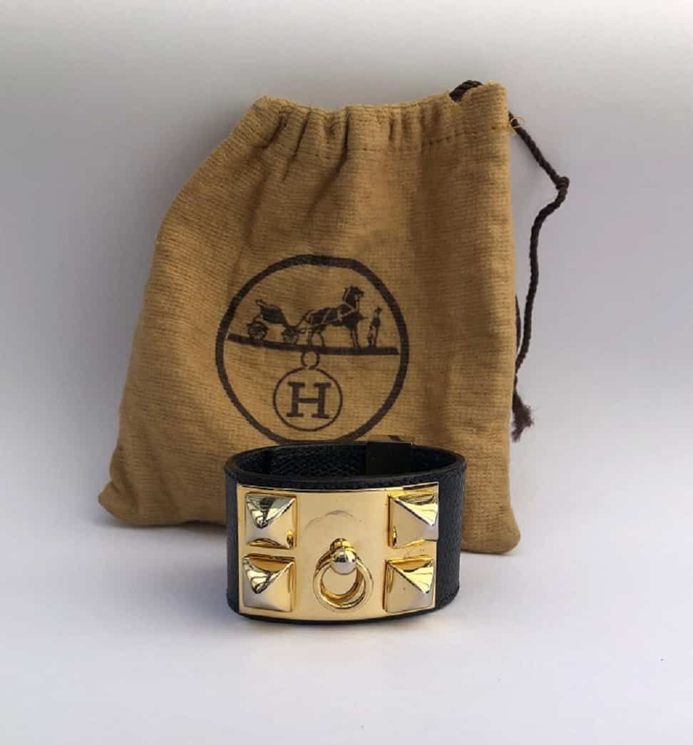 HERMÈS Collier de Chien Black Médor Cuff Bracelet Gold-Tone Epsom