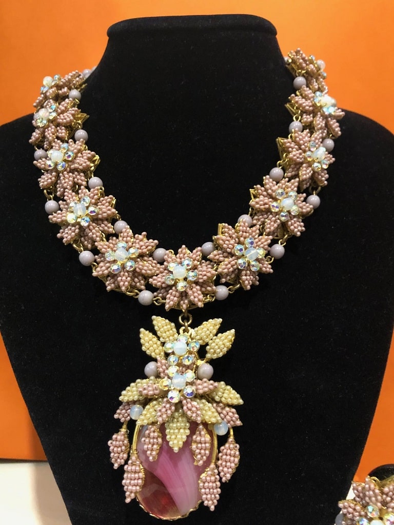 Stanley Hagler Necklace and Earrings Coral Glass Rose Quartz Crystal 1980s  Rare - Chelsea Vintage Couture