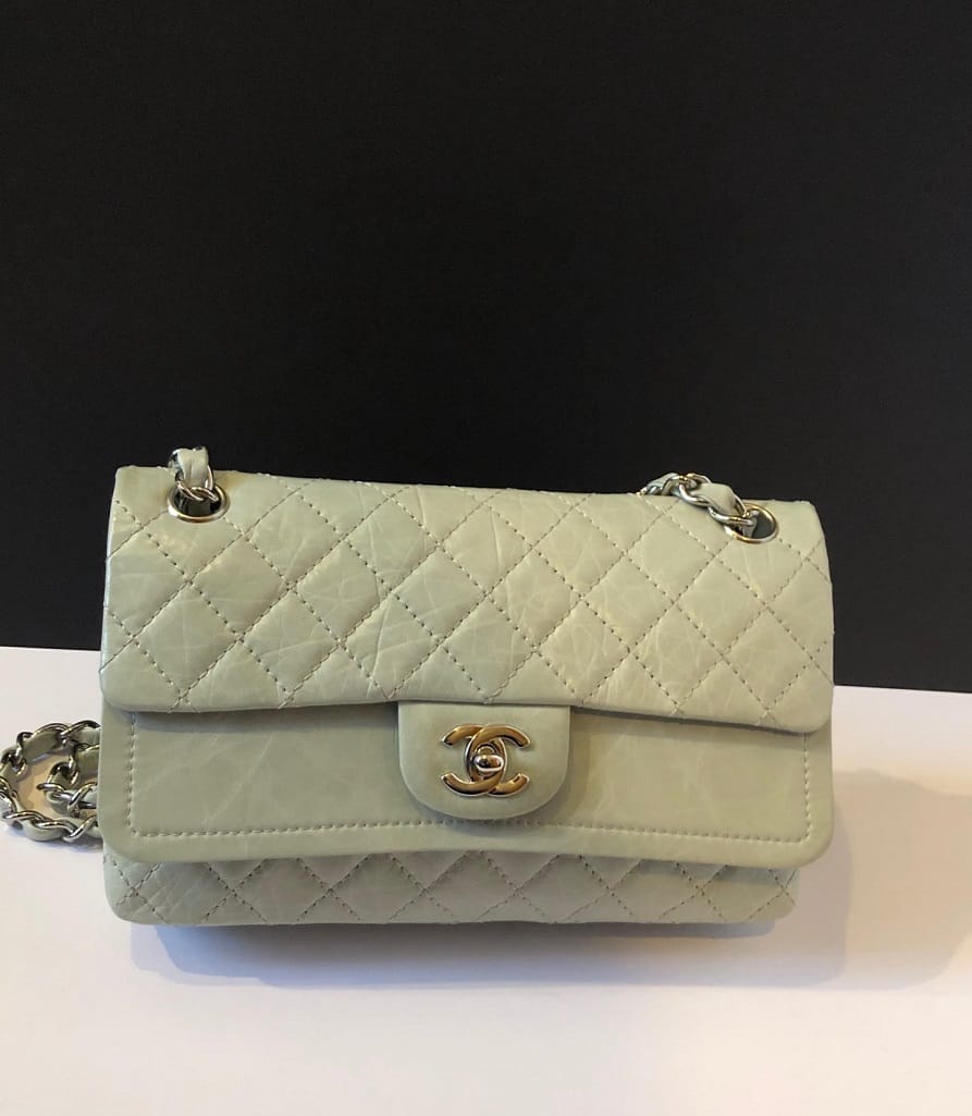 CHANEL Grey Quilted Lambskin Leather Medium Double Flap Bag