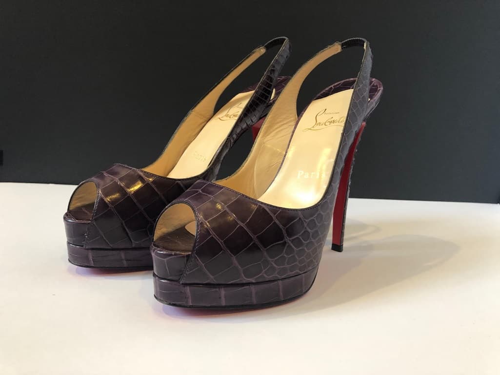 CHRISTIAN LOUBOUTIN Crocodile Purple Platform Toe Slingback High Heels Red  Sole Sandals - Chelsea Vintage Couture