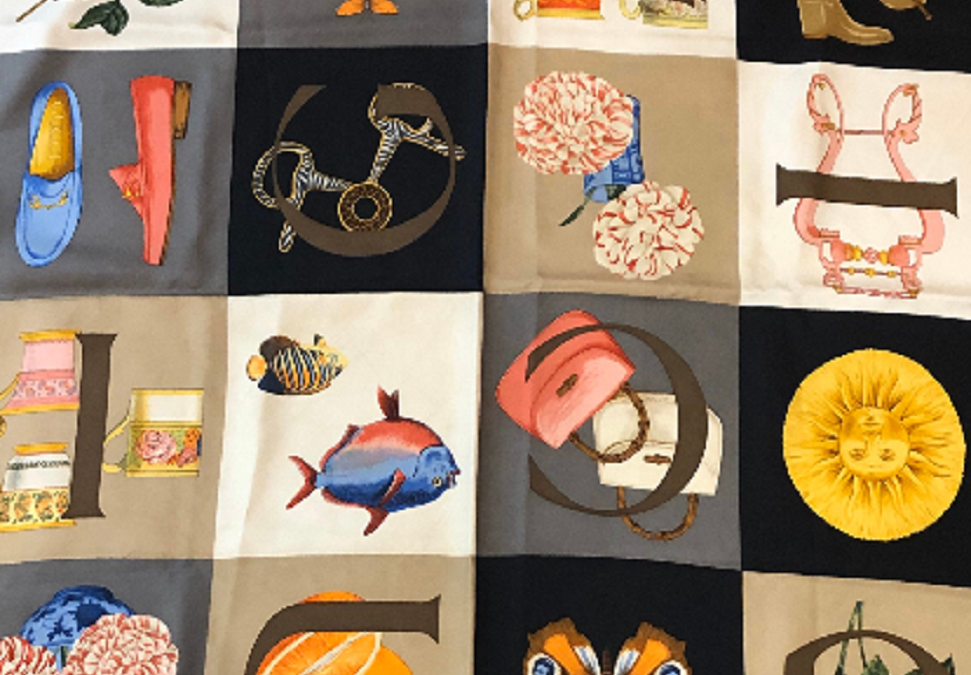 GUCCI Scarf 60-70’s Rare Prints Ladies Handbags Men’s Shoes Butterflies Fish Multi