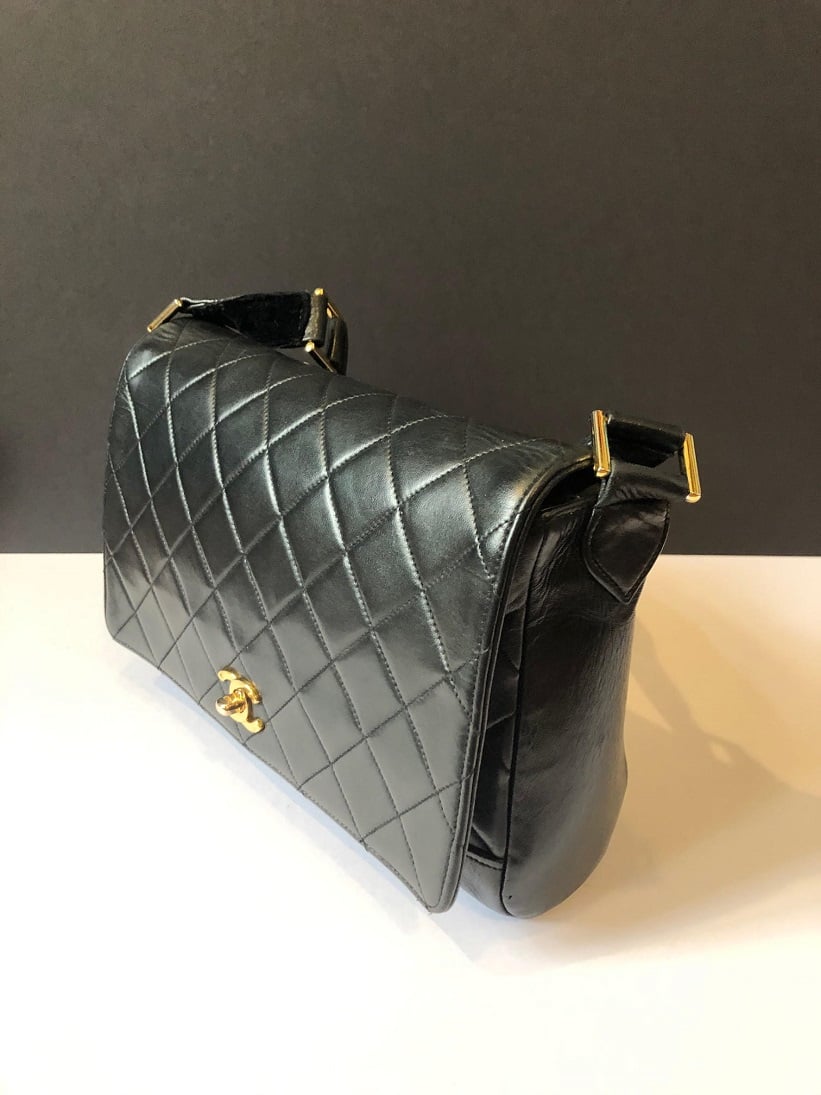 Chanel Vintage Square Flap Bag Black Lambskin 24K Gold Hardware  Coco  Approved Studio