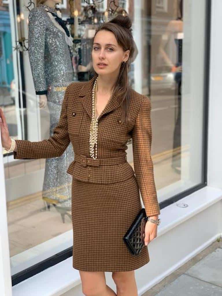 CHANEL 1990s Tweed Two-Piece Suit Belted Jacket Skirt Chanel