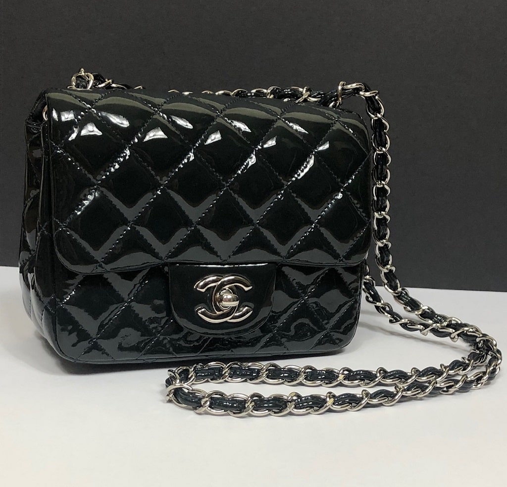 CHANEL Mini Classic Flap Charcoal Patent Quilted Bag - Chelsea
