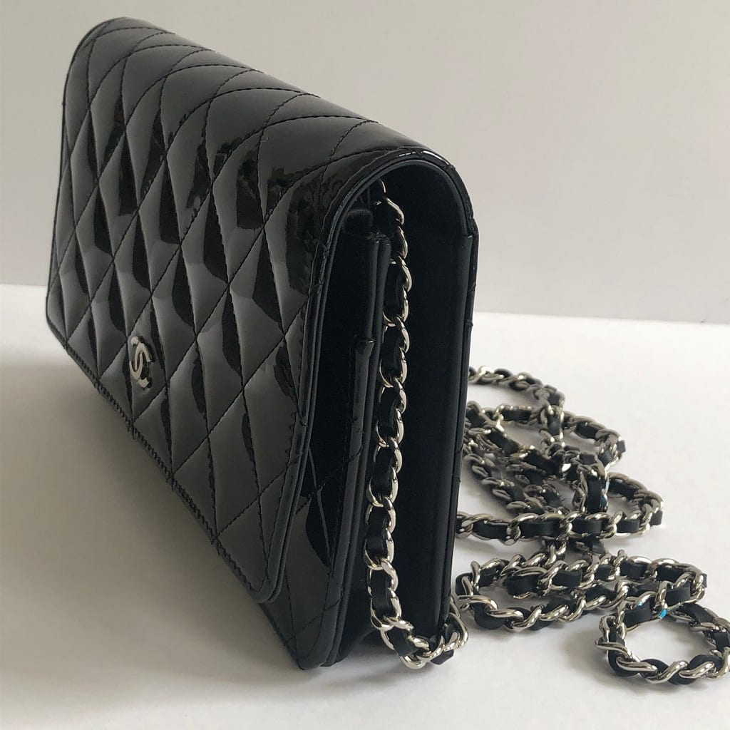 chanel patent leather wallet on chain