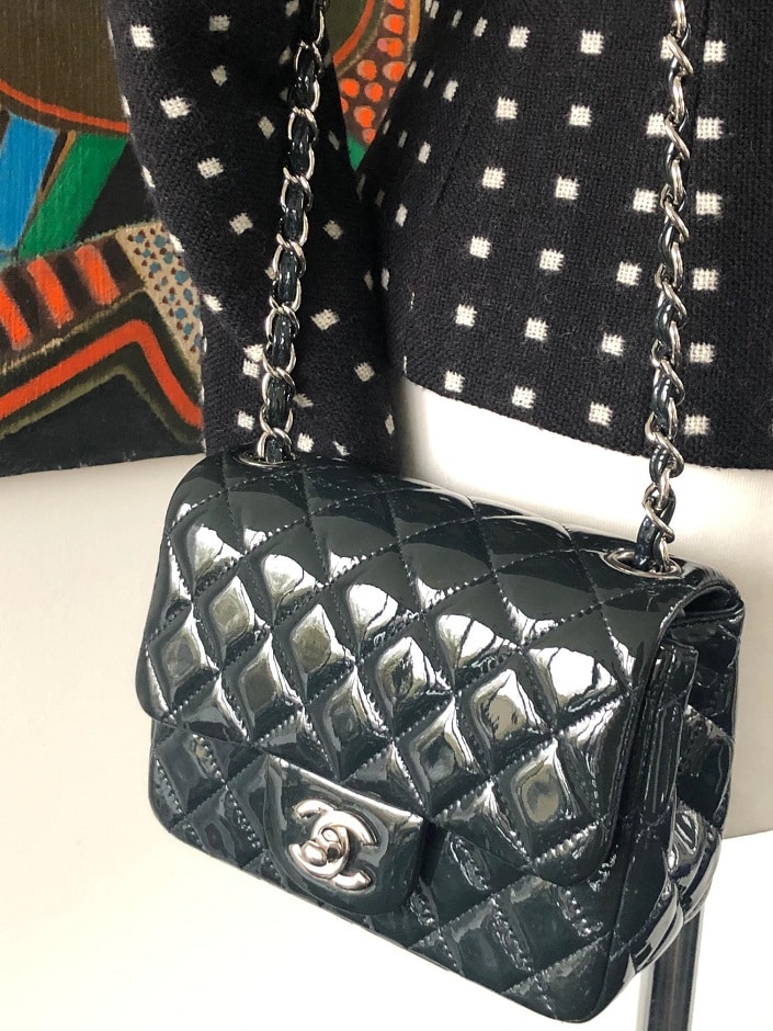 CHANEL Mini Classic Flap Charcoal Patent Quilted Bag - Chelsea Vintage  Couture