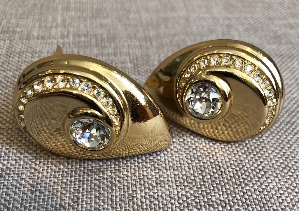 CHRISTIAN DIOR Clip-On Earrings Swarovski Crystal Gold Plated Arabesque ...