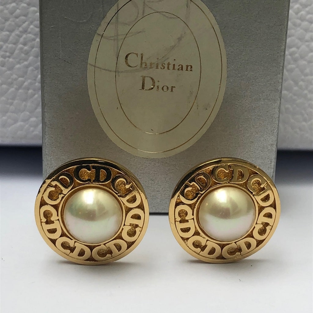 Christian Dior Gold Plated x Fake Pearl Rhinestone Womens Earrings