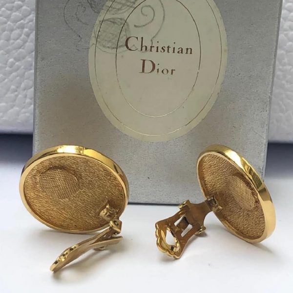 CHRISTIAN DIOR Vintage Round CD Monogram Gold Tone Clip-On Earrings ...