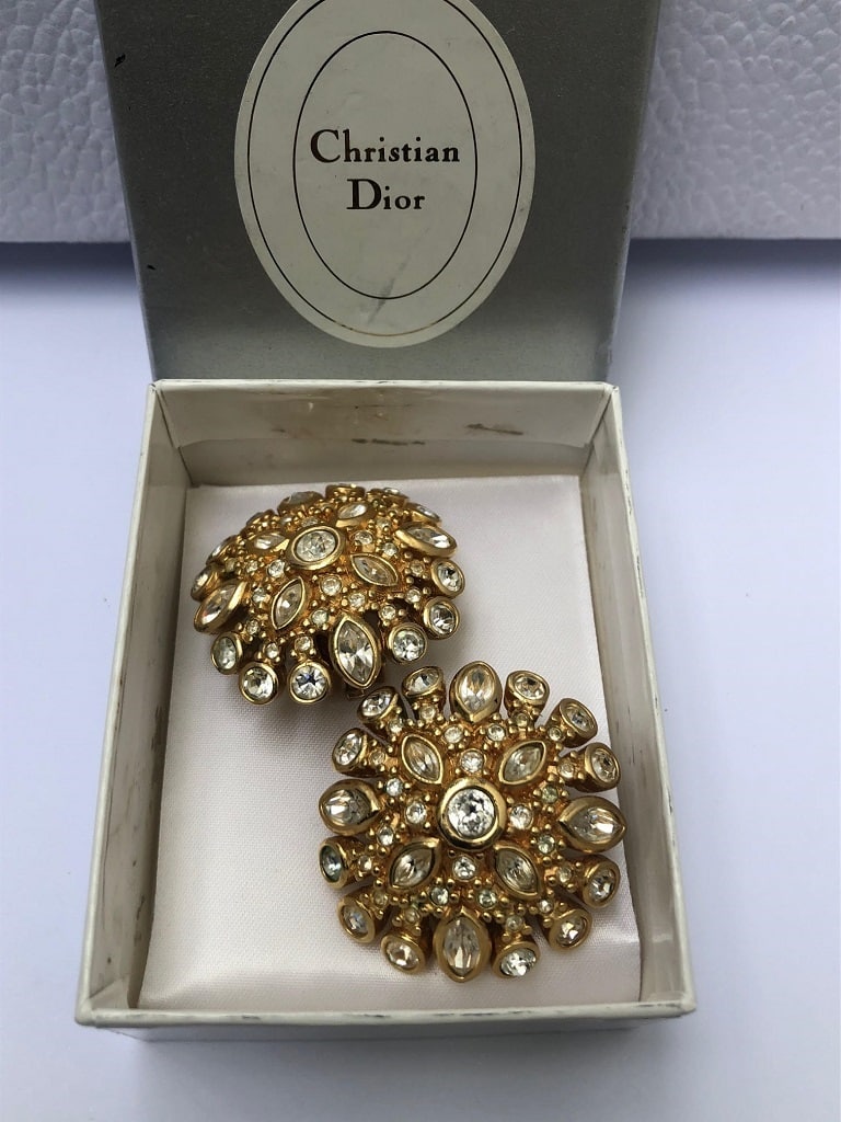 CHRISTIAN DIOR Vintage Round Flower Crystal Gold Tone ClipOn Earrings  1980s  Chelsea Vintage Couture