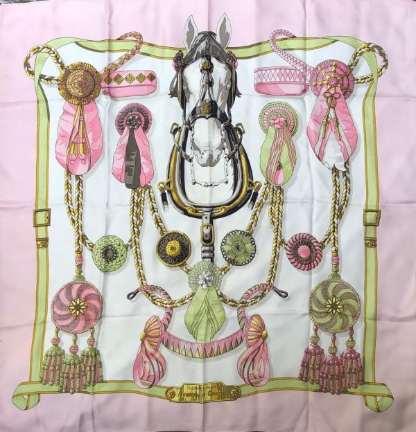 HERMÈS Scarf Frontaux et Cocardes Silk Caty Latham Pink and Green 1968 ...