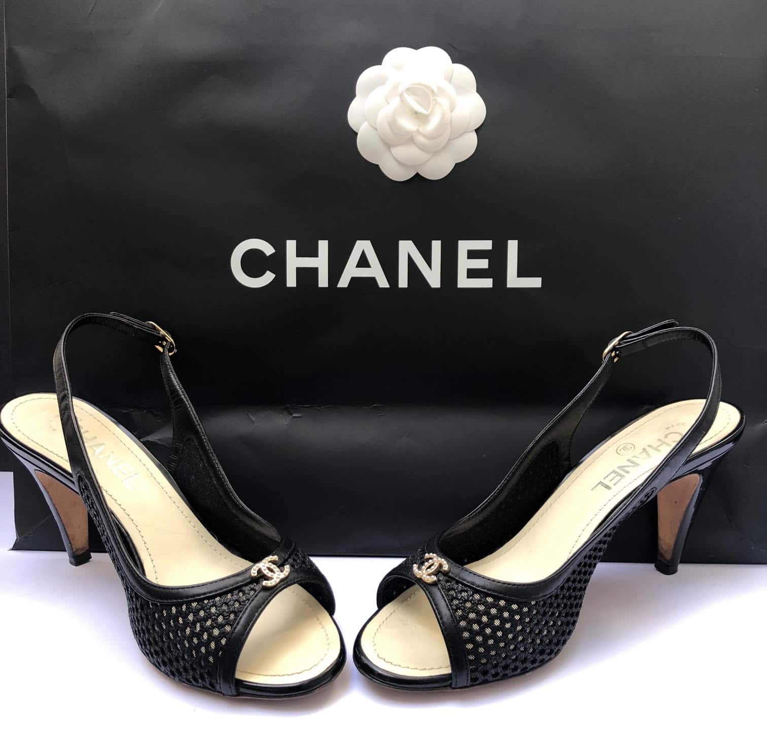 CHANEL Slingback Pumps CC Logo Pearls Black - Chelsea Vintage Couture