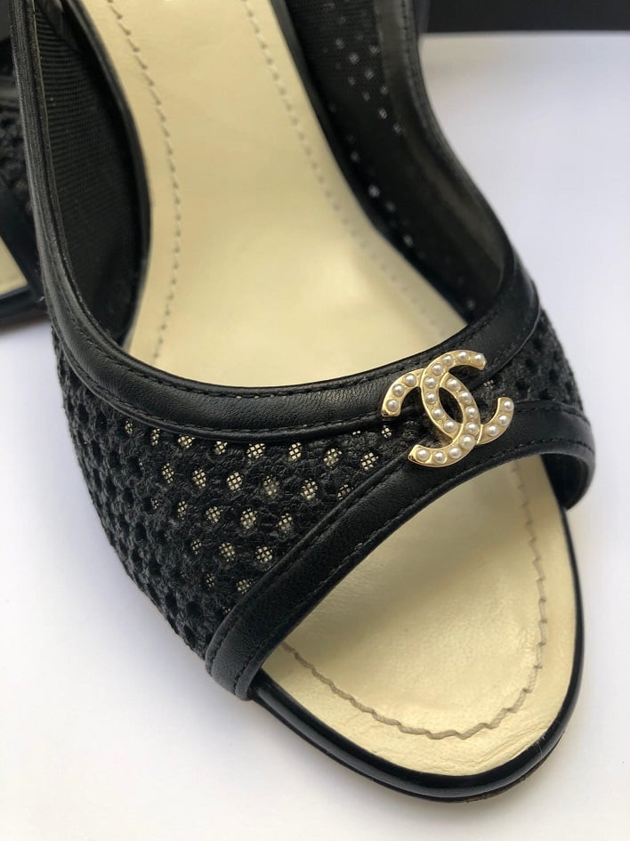 Chanel Black Patent Leather CC Pearl Embellished Heel Peep Toe