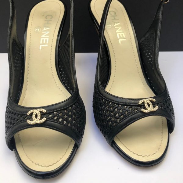 CHANEL Heels Slingback CC Logo Pearls Black Leather and Mesh Shoes Pump ...