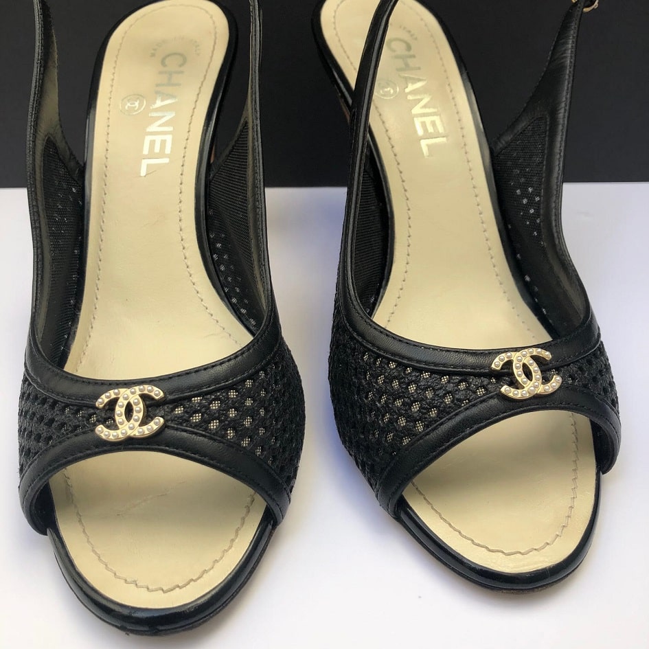 CHANEL Heels Slingback CC Logo Pearls Black Leather and Mesh Shoes Pump