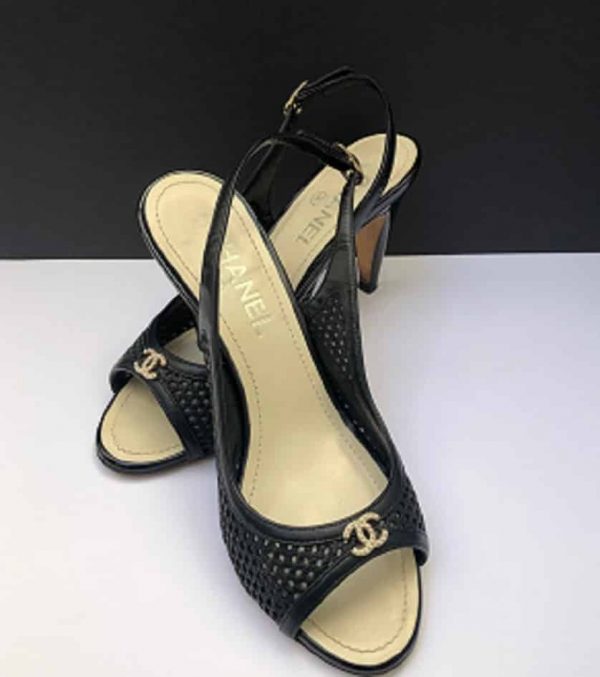 CHANEL Heels Slingback CC Logo Pearls Black Leather and Mesh Shoes Pump ...