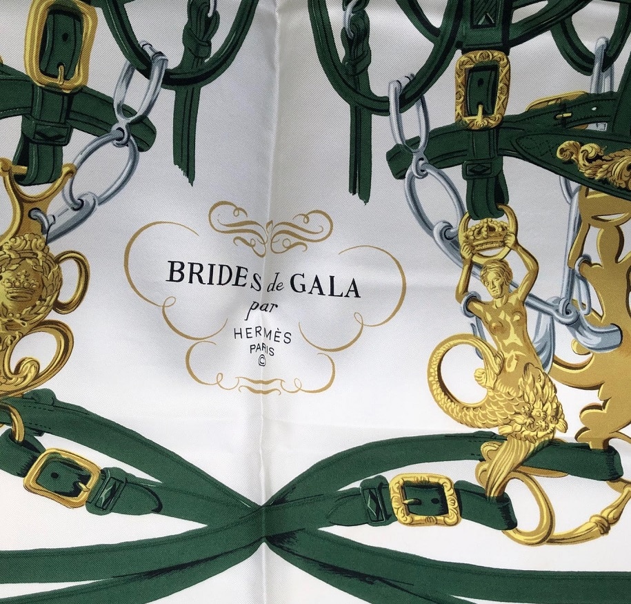 HERMÈS Scarf Brides de Gala Silk H Grygkar Racing Green Gold W/Box