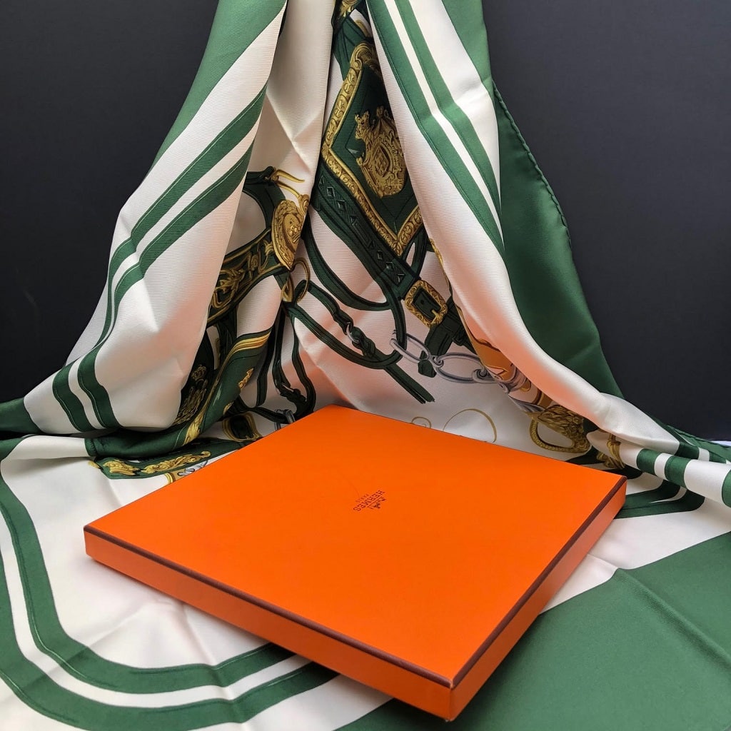 Hermes Creme/Orange/Jaune Printed Silk Brides de Gala Twilly Scarf