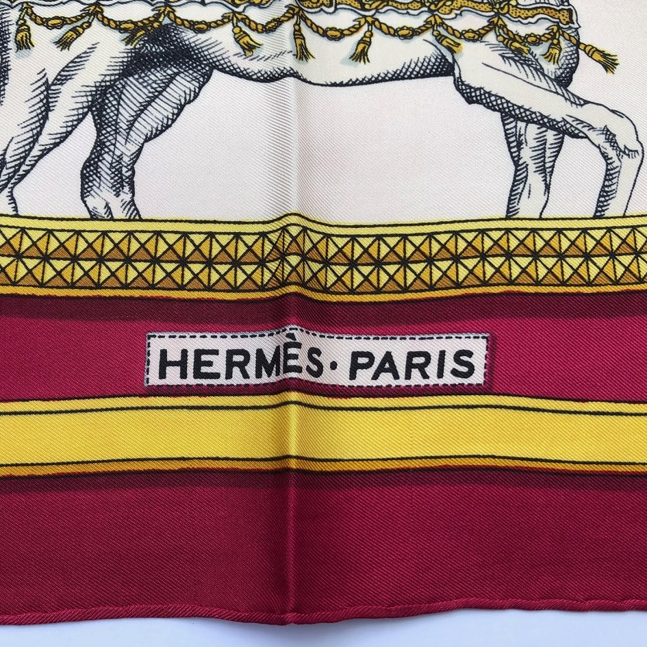 HERMÈS Scarf Grand Apparat Vintage Silk Jacques Eudel Red Gold Blue -  Chelsea Vintage Couture
