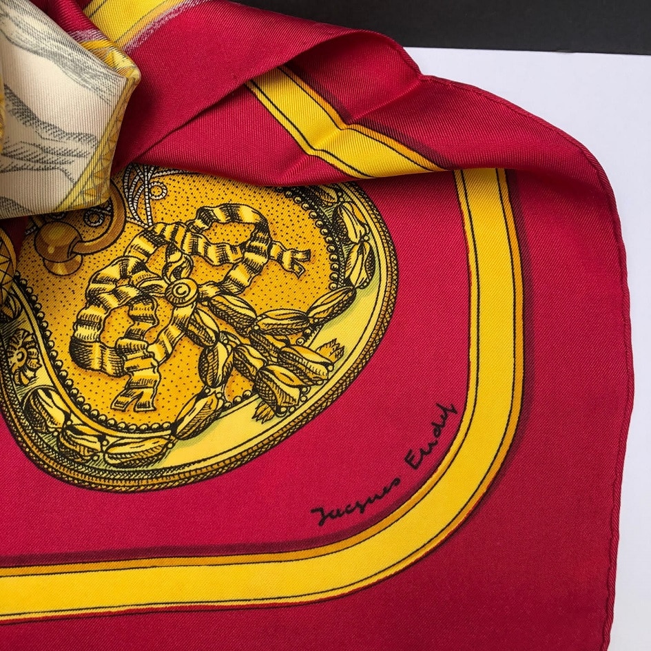 HERMÈS Scarf Grand Apparat Vintage Silk Jacques Eudel Red Gold