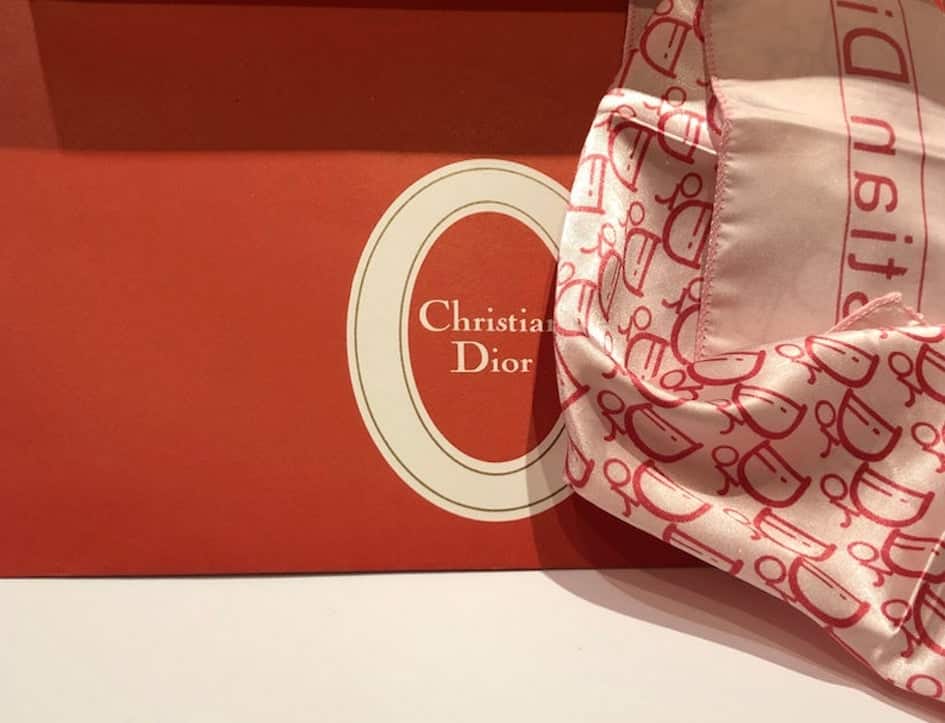 Christian Dior scarf, silk Dior monogram logo red pink 80's