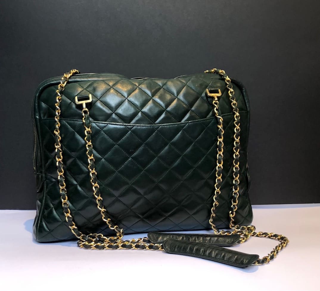 CHANEL 1989 Bag Quilted Lambskin Leather Double Chain Strap Racing Green - Chelsea  Vintage Couture