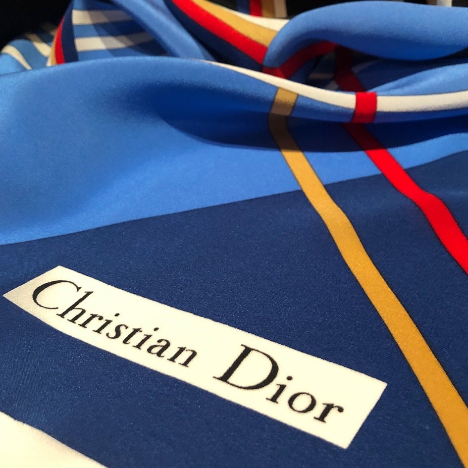 Vintage Christian Dior Mens Silk Scarf Printed Pattern on Black 1970s