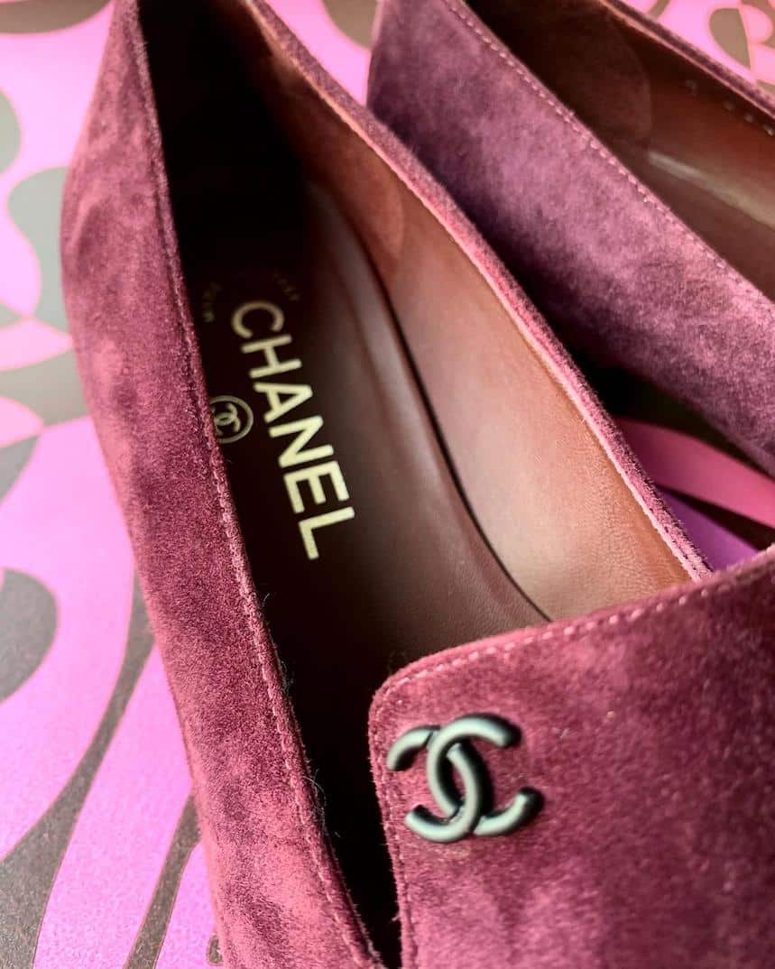 CHANEL Shoes Loafers CC Suede Patent Calfskin Quilted Flat Heels Purple- Black - Chelsea Vintage Couture