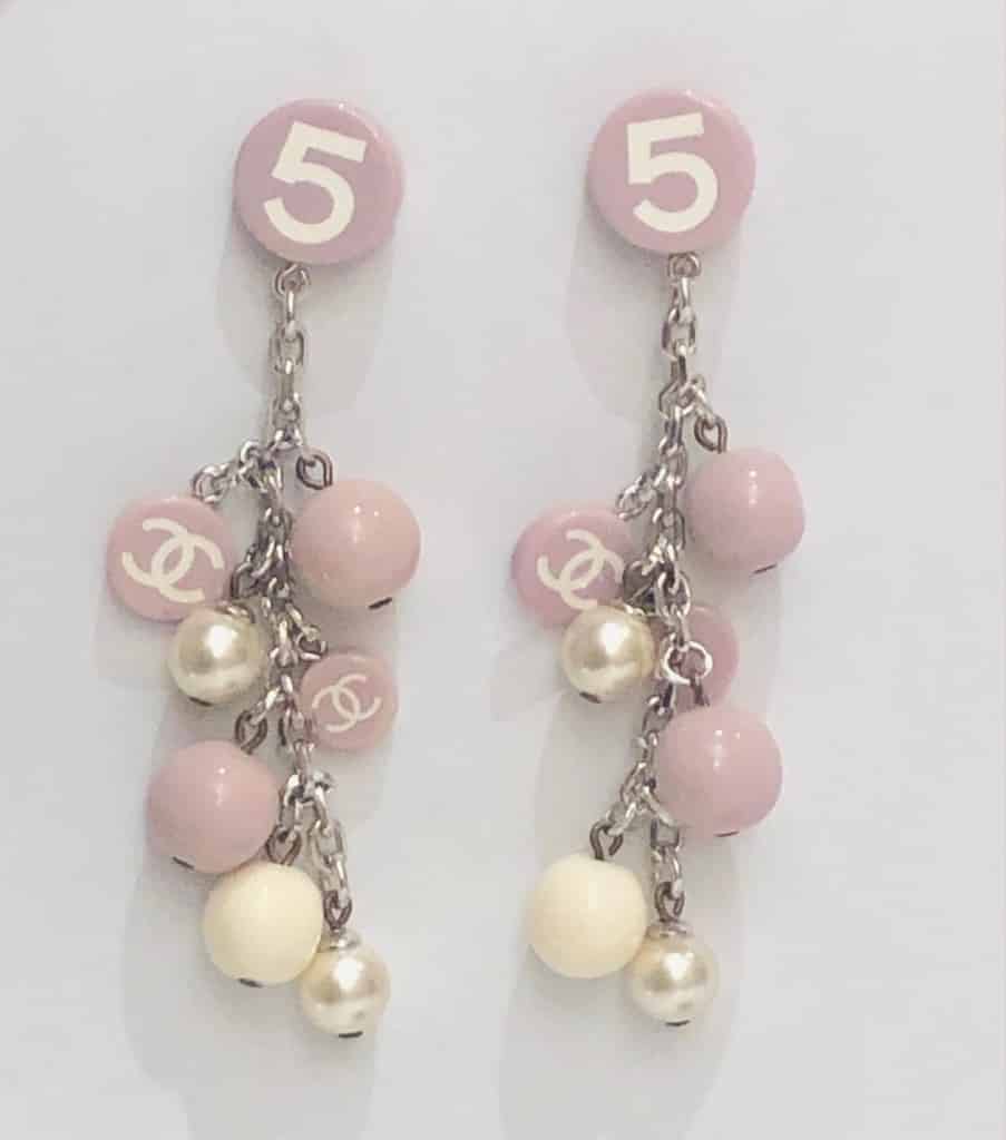 CHANEL Drop Earrings No.5 & CC Logo Pearls Pastille 2005 Cruise Croisière  Collection Lilac - Chelsea Vintage Couture