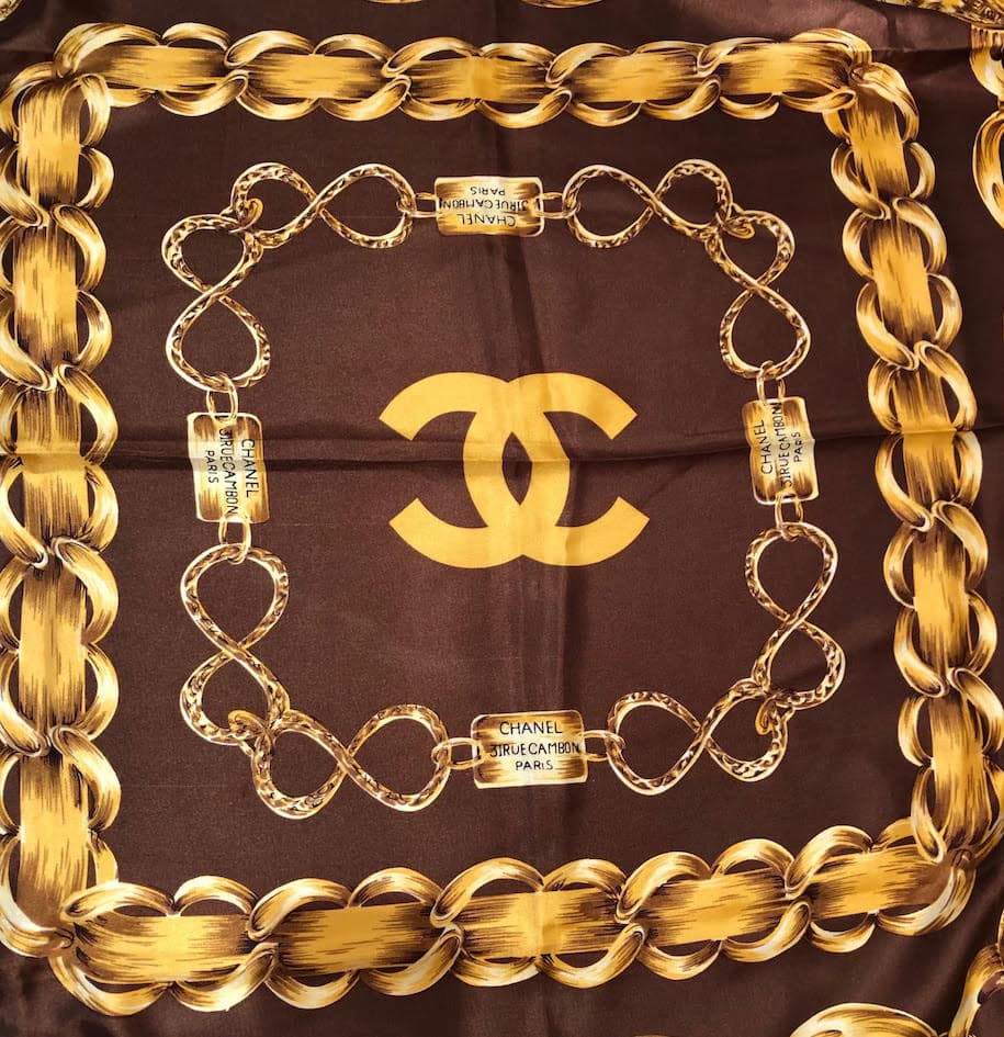 CHANEL Scarf Vintage CC Logo Gold Chain Links Silk 1990s - Chelsea Vintage  Couture