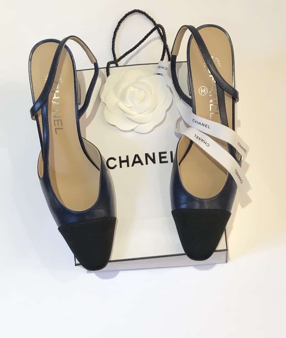 CHANEL, Shoes, Chanel Classic Black Dark Blue Slingback Cap Toe Pump Shoes  Size Us 954