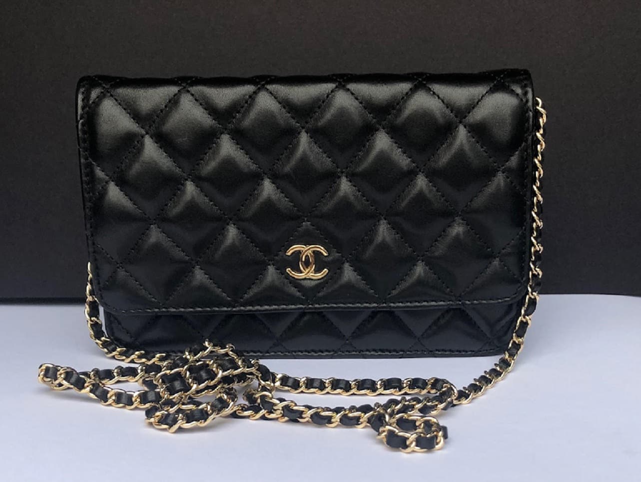 black leather chanel wallet chain