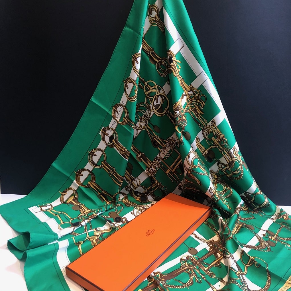HERMÈS Scarf Carré Mors Et Filets 1966 Vintage Green Gold Etriers Horsebit  - Chelsea Vintage Couture