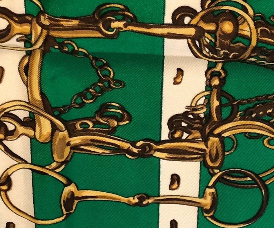 HERMÈS Scarf Carré Mors Et Filets 1966 Vintage Green Gold Etriers