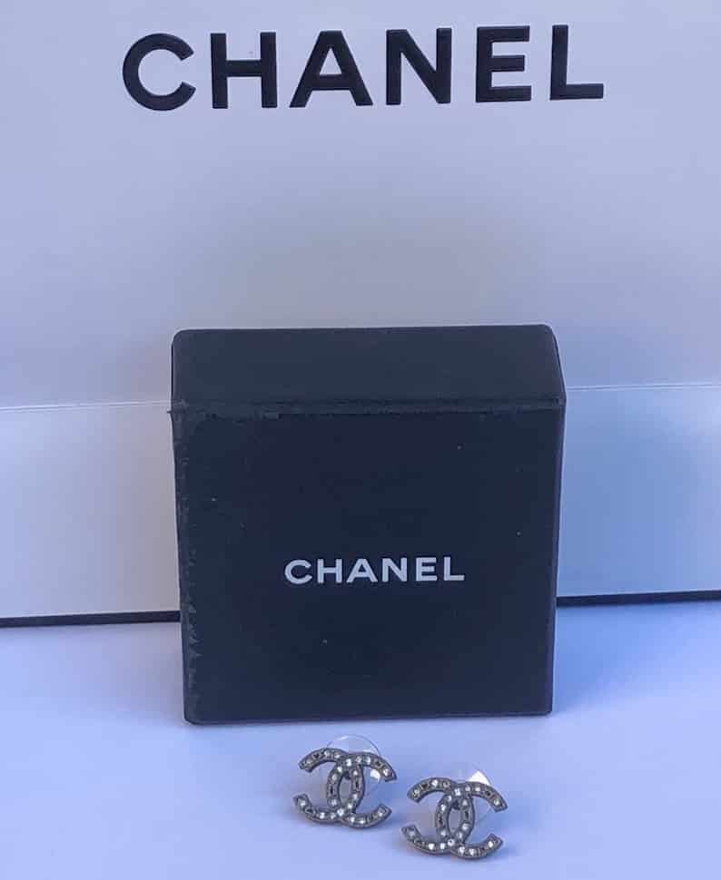 CHANEL CC Stud Earrings Silver Metal Black & Crystal Pre-Fall 2014 -  Chelsea Vintage Couture