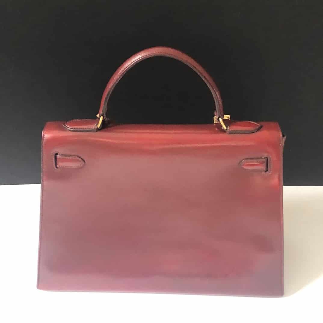 HERMES Vintage Kelly 32 Sellier Dark Red Rouge Box Leather Gold Hardware  Bag