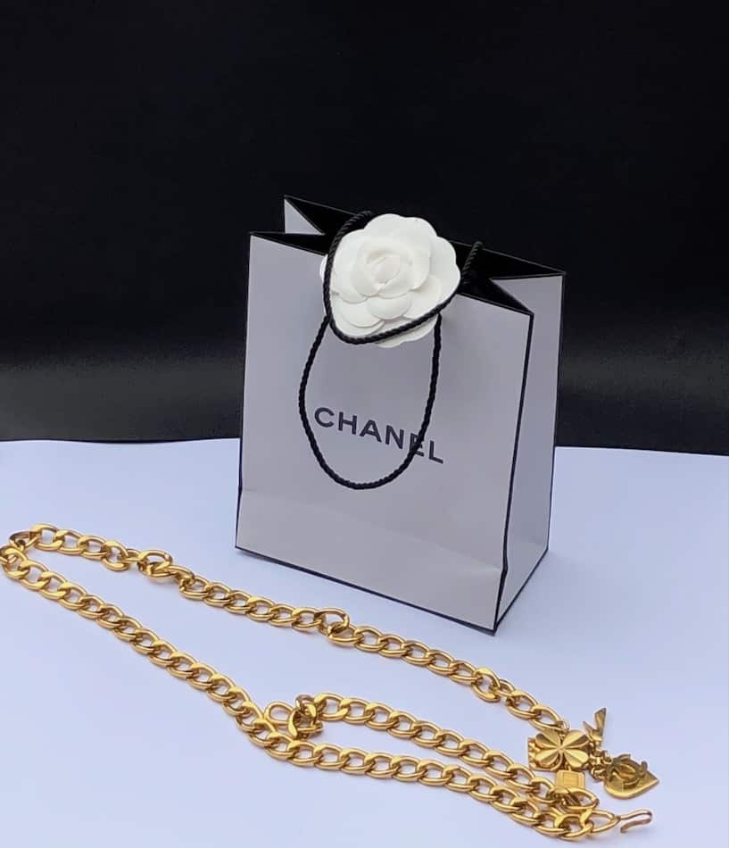 CHANEL 1996 Perfume CC Logo Clover Bag Heart Shoe Charm Chain Belt Vintage  - Chelsea Vintage Couture
