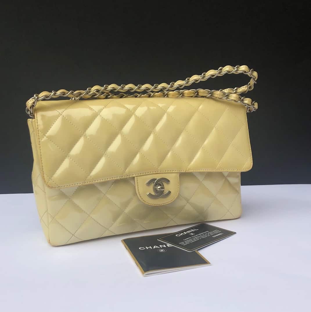 Chanel Beige Quilted Patent Leather Classic Jumbo Double Flap Bag  Yoogis  Closet