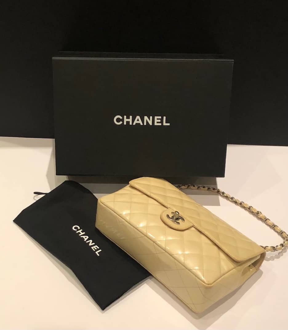 CHANEL Timeless 2.55 Flap Bag Patent Leather Cream Circa 2000.