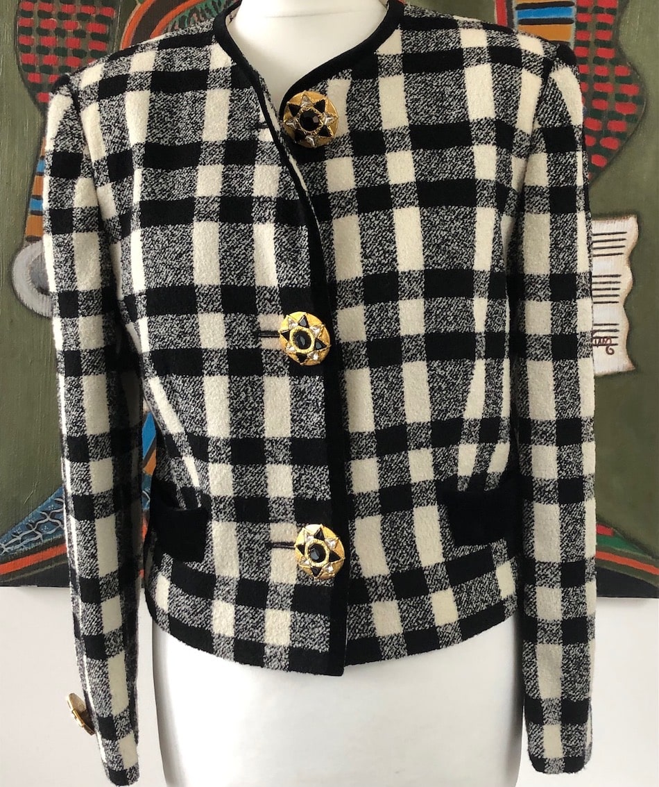 LOUIS FERAUD Vintage Jacket Jewel Buttons Black & White Check 80s - Chelsea  Vintage Couture