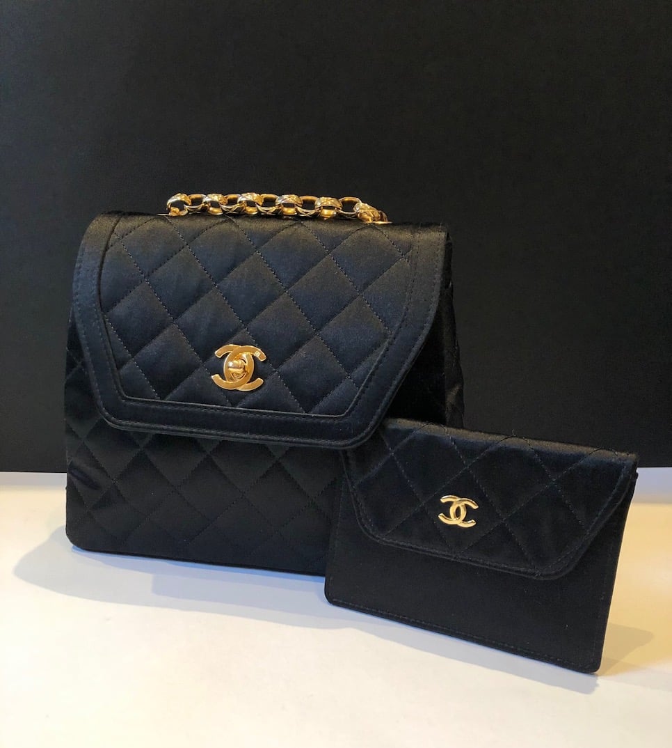 Vintage CHANEL 1990s Gripoix Gold Strap Quilted Black Satin Purse –  theREMODA