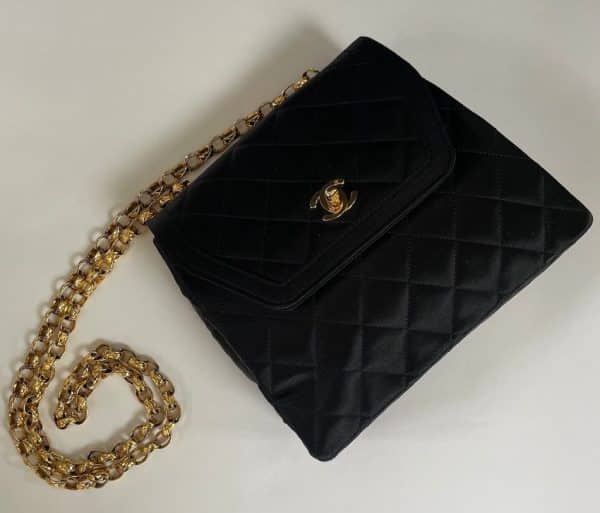 CHANEL Vintage Satin Quilted Black Flap Bag 1990s - Chelsea Vintage Couture