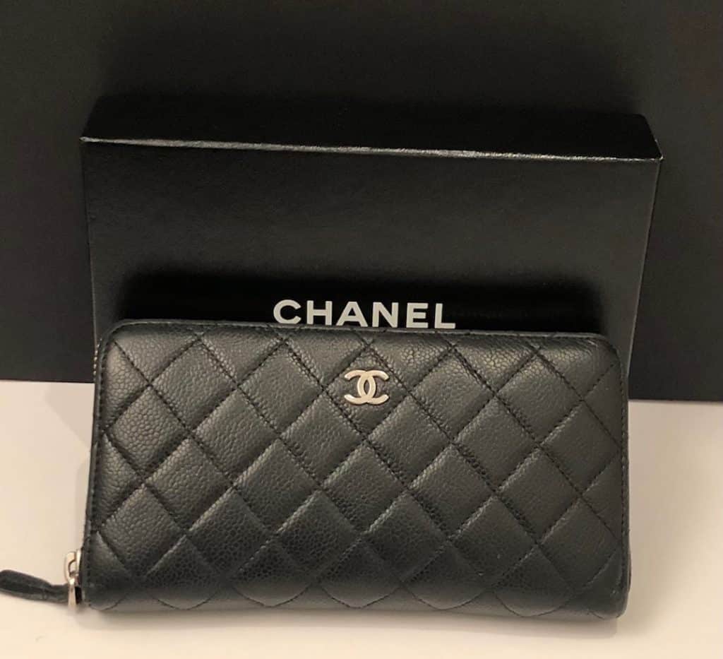 CHANEL Authentic Black Caviar Leather Long Wallet Made in France