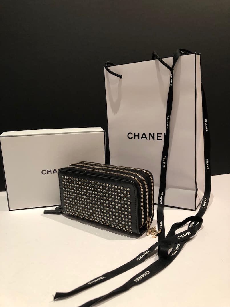 CHANEL Black Gold Crystal Embellished Swarovski Leather Triple Zip Wallet  2014-2015 - Chelsea Vintage Couture
