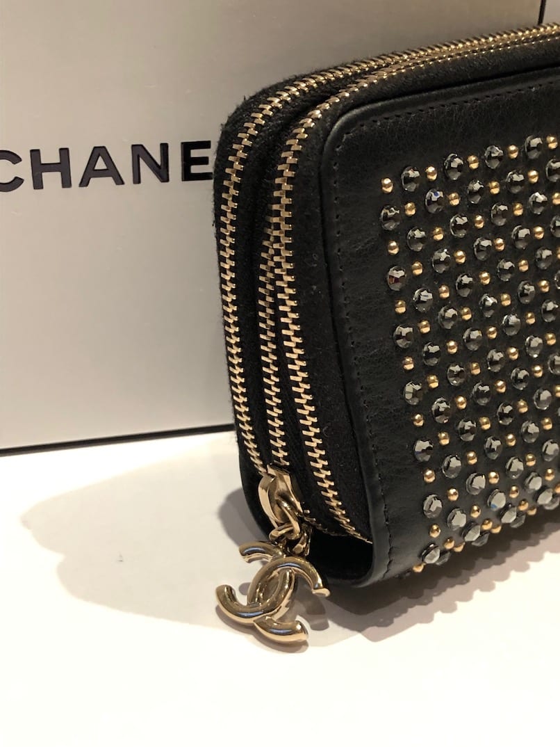 CHANEL Black Gold Crystal Embellished Swarovski Leather Triple Zip
