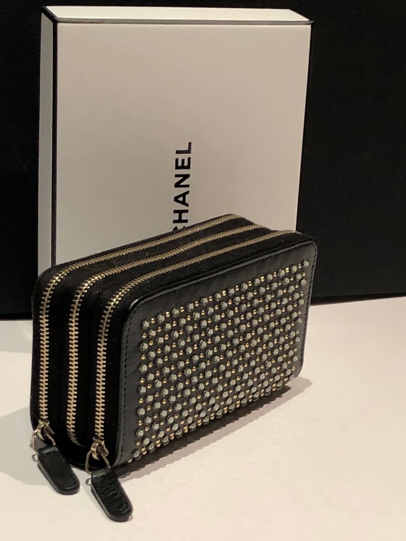 CHANEL Black Gold Crystal Embellished Swarovski Leather Triple Zip Wallet  2014-2015 - Chelsea Vintage Couture