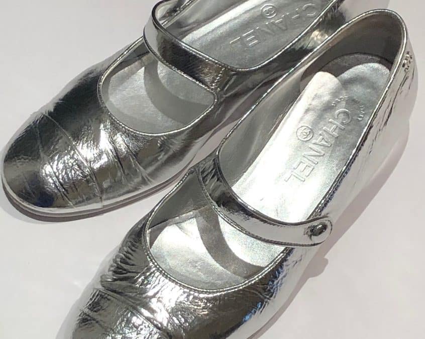 CHANEL Ballerina Flats Laminated Calfskin Silver Crossover Strap Leather Shoes